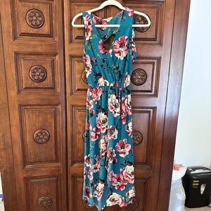 Lucky Brand Teal Floral faux Wrap High low  V-neck Midi dress size S